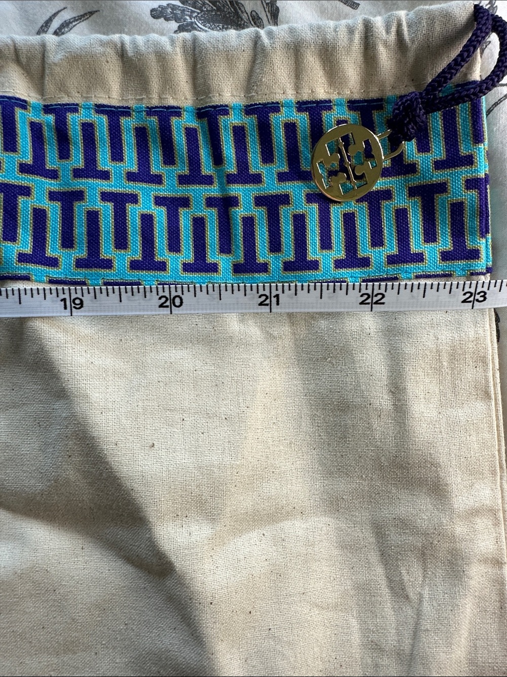 Tory Burch Canvas Drawstring Pouch with Navy and Teal Trim 22.5” x 22.5” (78)
